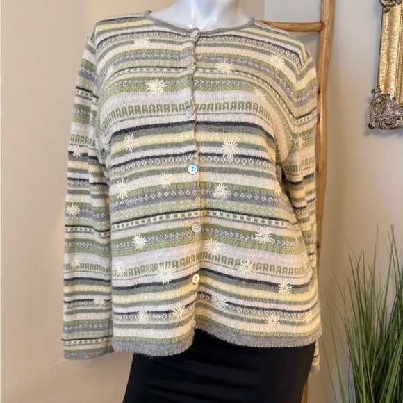 Carroll Reed Wool Blend Button Down Cardigan Long Sleeve Sweater Large Green - Picture 1 of 4